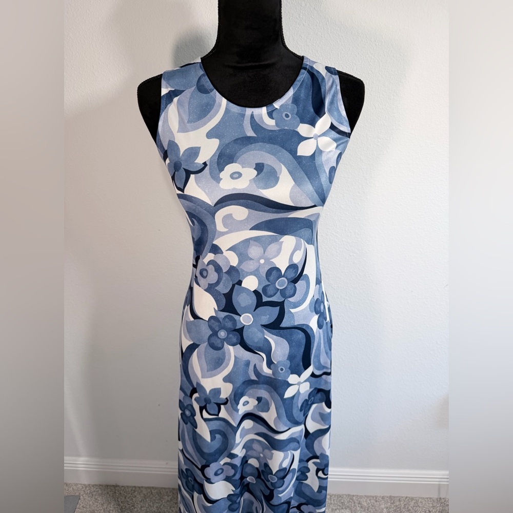 Y2K Heat Wave Blue Retro Floral Mod Midi Dress Small 60s Style